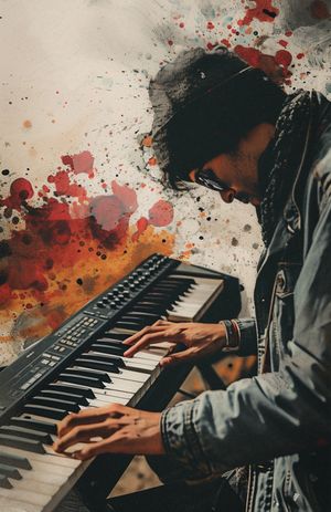 person playing keyboard, facing left, head bent