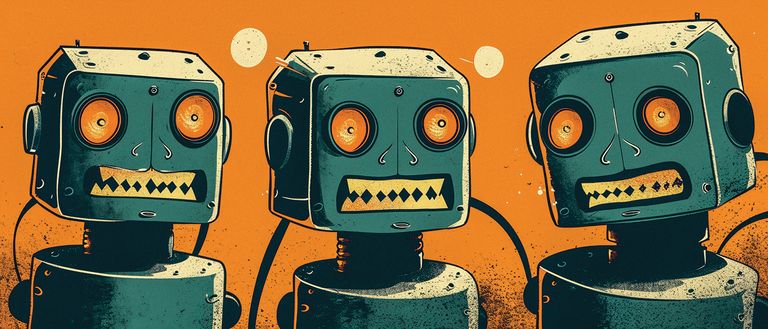 robot heads on orange background