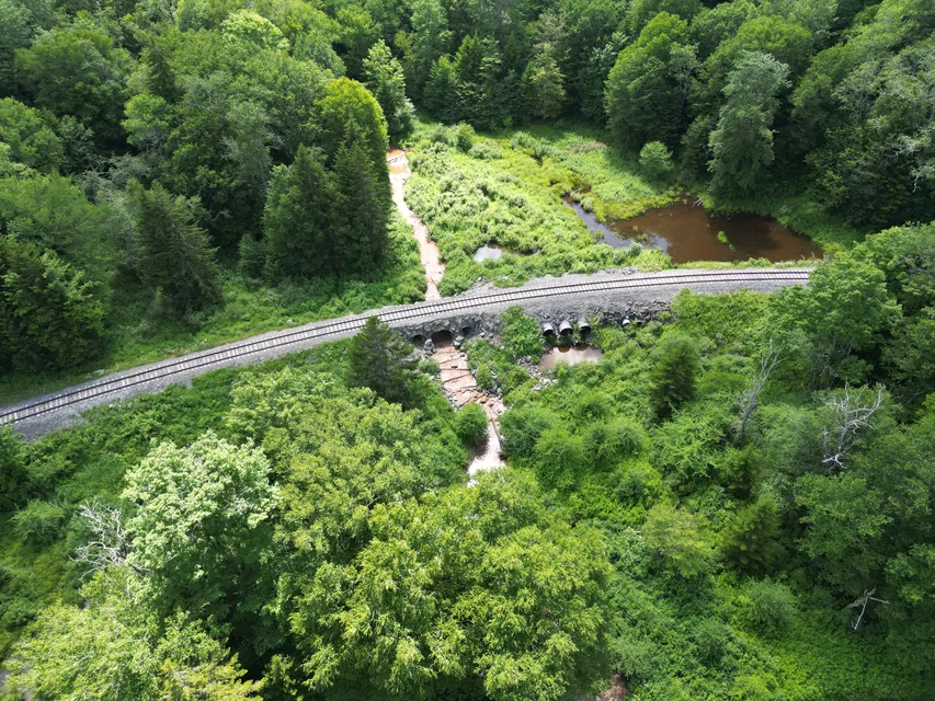 aerial view of railroad grade crossing a stream; summertime shot of forested area
