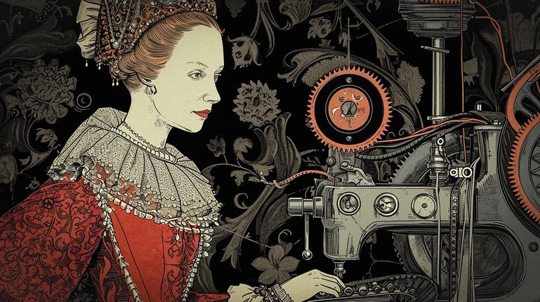 depicts woman, hair up, in ruff, looking at sewing machine
